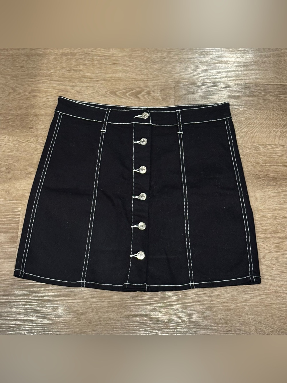 Black Button-Front A-Line Skirt with Contrast Stitching